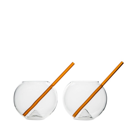 [5267800710] GLASS WITH STRAW MAGALUF 2-PACK CLEAR/BROWN